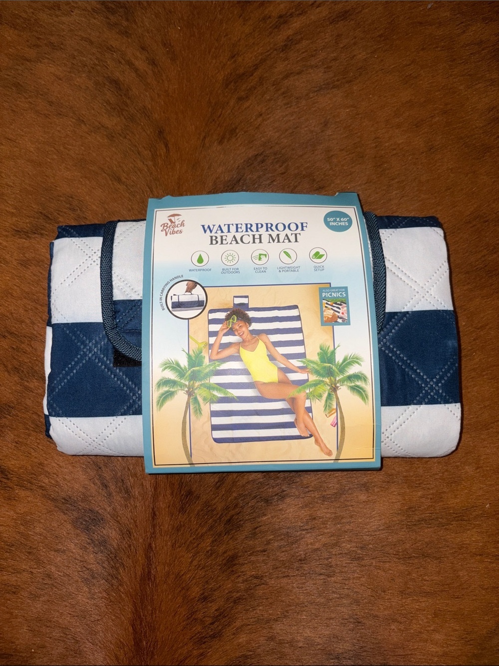 Waterproof Beach Mat - Navy and White Stripes